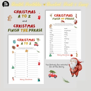 Könnte beinhalten: Zwei druckbare Weihnachtsspiele, eines ist eine Wortsuche namens "Christmas A to Z" und das andere ist ein Lückentext-Spiel namens "Christmas Finish My Phrase". Beide Spiele sind im Aquarellstil mit den Farben Rot, Grün und Weiß gehalten.