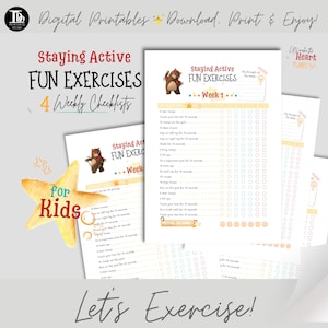 May include: Printable weekly checklists for kids to stay active with fun exercises. Each checklist features a cartoon bear and includes a variety of exercises like bear crawls, star jumps, and high knees. The checklists are designed to help kids stay active and have fun while doing it.