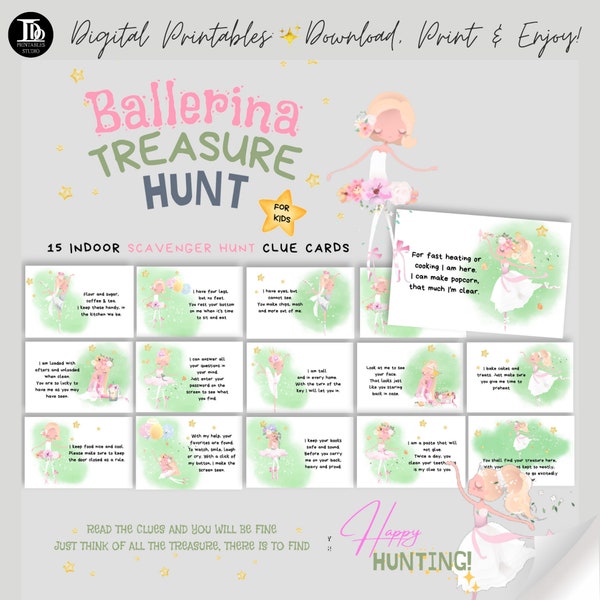 Ballerina Treasure Hunt for Kids | Indoor Ballerina Birthday Party Activity Scavenger Hunt | Kid's Printable Treasure Hunt Clue Cards