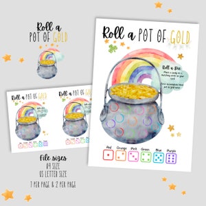 Puede incluir: Imprimibles de acuarela con el texto "Roll a Pot of Gold". El diseño presenta una olla de oro al final de un arcoíris, dados y estrellas. Los tamaños de archivo incluyen A4 y US Letter, con opciones de 1 o 2 páginas.