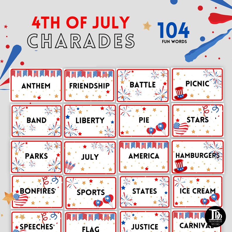 Printable 4th of July Charade Cards / Family Games Night / Etsy Printable 4th of July Charade Cards / Family Games Night / Etsy