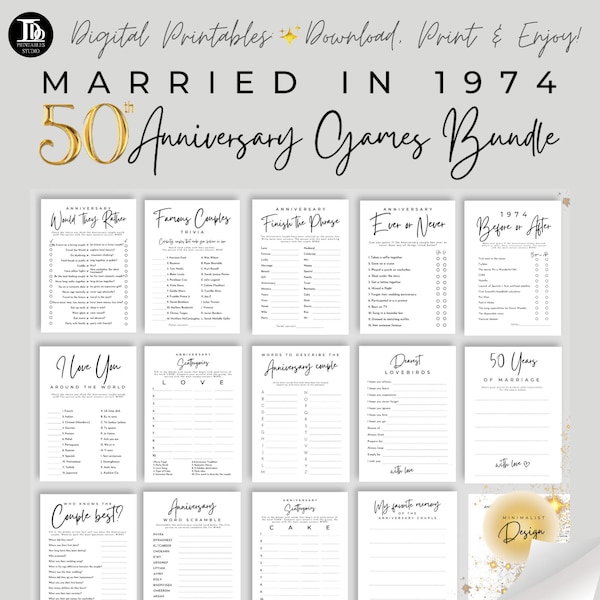 50th Wedding Anniversary Games Bundle Married in 1974 | Golden Anniversary Party | Minimalist Design 14 Fun Party Printable Games!