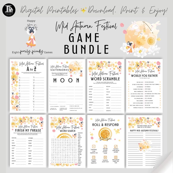 Mid Autumn Festival Games Bundle | Moon Festival Activity Sheets | Chinese Harvest | Autumn Family Friendly Games | Family Dinner Party Fun!