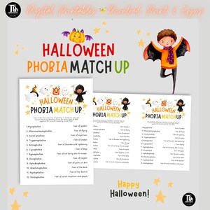 Halloweenfobi-matchningsspel | Halloweenaktivitet | Utskrivbart Halloweenspel | Fobiquiz-spel | Halloweenfestspel | Halloweenkul!
