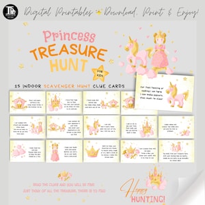 Cartões de pista da princesa caça ao tesouro | Jogo de festa do pijama de conto de fadas | Caça ao tesouro para meninas | Caça de presente de aniversário para impressão para crianças | Aniversário rosa divertido