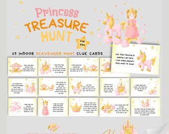 May include: A printable scavenger hunt game for kids with a princess theme. The game includes 15 clue cards with illustrations of a unicorn, a castle, and a carriage. The cards have instructions to "Read the clues and you will be fine. Just think of all the treasure, there is to find."