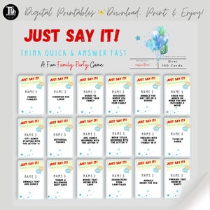 Family Reunion Party Game | Family Friendly Party Game Cards | Printable Quick Thinking Answer Game | Just Say It Fun Party Game for all!