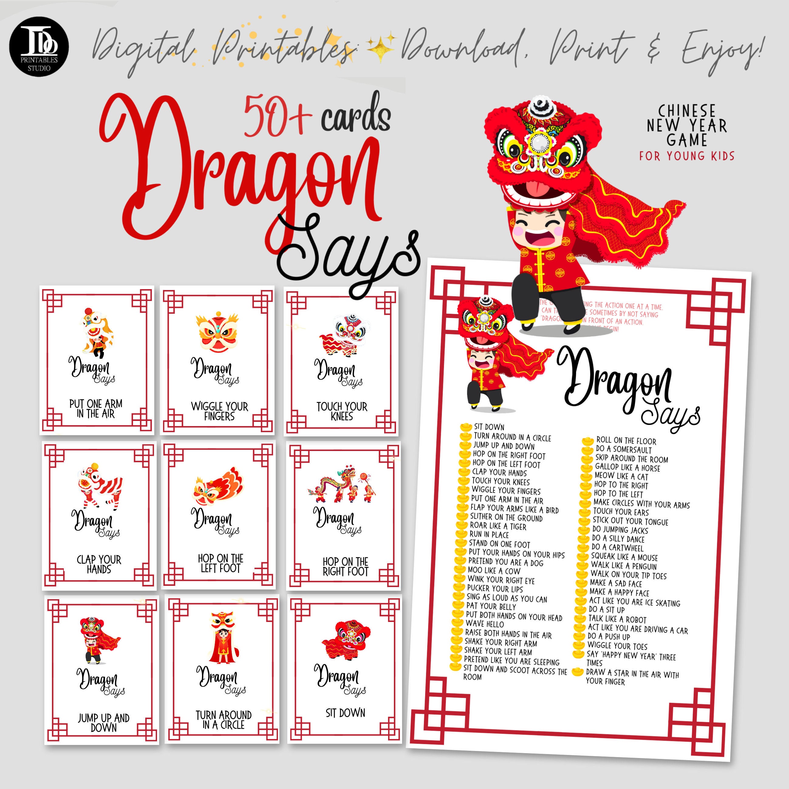 Chinese New Year Kids Party Activity Cards | Dragon says Game | Stay at home Game | Year of the Dragon | Printable Chinese New Year Fun!