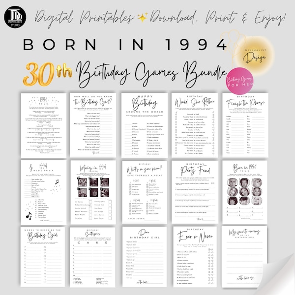 Born in 1994 30th Birthday Party Games Bundle for Her Printables | Minimalist Design | Birthday Party Trivia | Fun Instant Download!