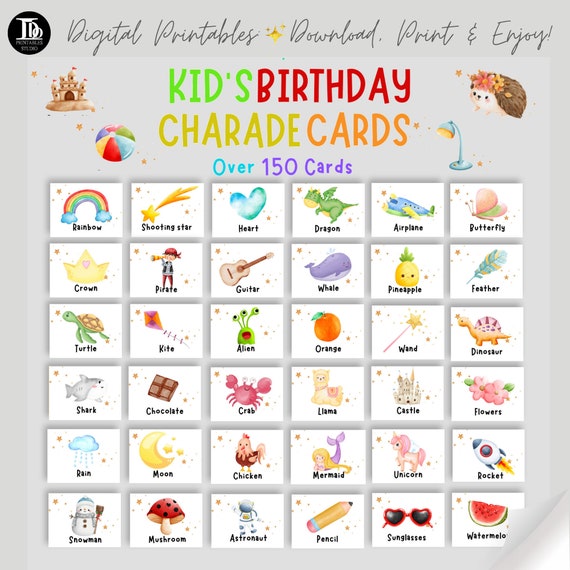 Birthday Charades Game for Kids | Travel Games | Printable Memory Game |  Children's Fun Charade | Sleepover Activity | Fun Kid's Birthday!