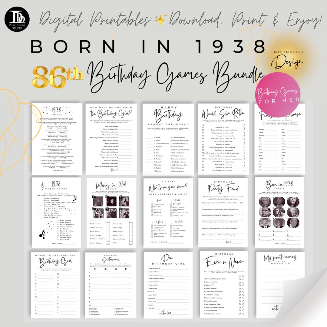 Born in 1938 86th Birthday Party Games Bundle for Her Printables ...