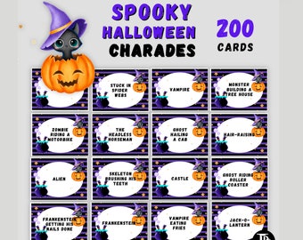 200 Halloween Charade Karten | Halloween Party Aktivität | Druckbare Familie Halloween Spiele | Halloween Black Cat Party Spiele Jetzt herunterladen!