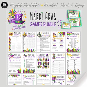 May include: A printable Mardi Gras games bundle featuring 15 games and 32 charade cards. The games include an ABC game, word search, fact or fiction, what's in your bag, this or that, Mardi-Gories, roll the dice, picture quiz, finish the phrase, word scramble, happy Mardi Gras, never have I ever, let the good times roll, scavenger hunt, and what's on you. The games are decorated with Mardi Gras colours and symbols.
