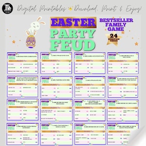 May include: A printable Easter Party Feud game with 24 question cards. The cards are pink, purple, and green with a white background. The cards feature a bunny rabbit and Easter eggs. The game is perfect for families and friends to play together.