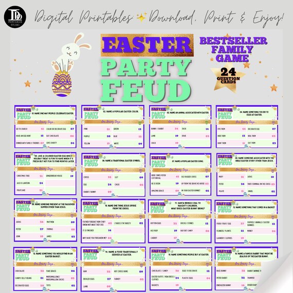 Easter Party Feud Game Cards / Family Game / Family group game / Easter Trivia / Easter Quiz / Pub Quiz / Class Easter Quiz / Easter Fun!