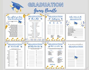 Puede incluir: Un conjunto de juegos imprimibles para fiestas de graduación. Los juegos incluyen "¿Qué tan bien conoces al graduado?", "Graduación esto o aquello", "Graduación Scattergories", "Deseos y consejos para el graduado", "Graduación Sopa de letras", "Graduación Carrera de nombres de universidades", "Graduación ¿Qué hay en tu teléfono?" y "¿Cuántas palabras puedes hacer con la palabra Graduación?"