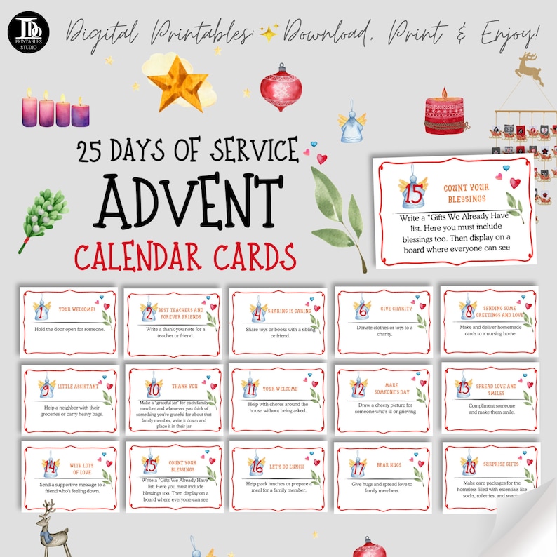 25 Days of Service Advent Calendar Cards for Kids Printable Etsy