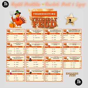 May include: Thanksgiving Friendly Feud game printable with 16 cards featuring orange, brown, and white colors. The cards have questions about Thanksgiving with a point system. The game is for 3 players. The text on the cards says "We Know You're People Who Love Thanksgiving!" and "One Turkey Says..."