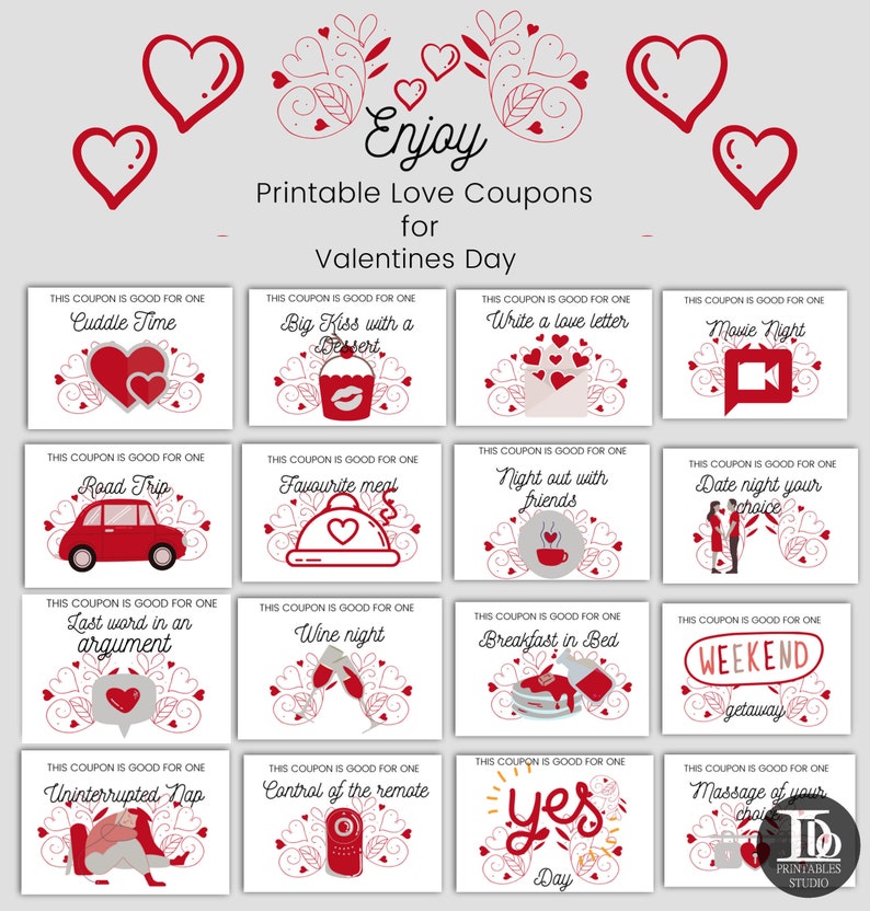 Printable Love Coupons for Him and Her, Valentine’s Day gift, Birthday and Anniversary love coupons, Couple and Family Coupons, xmas gift. 