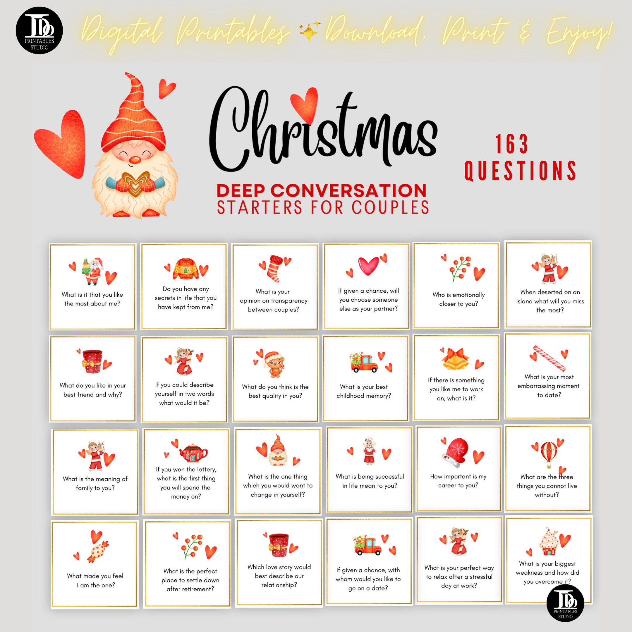 Christmas Deep Conversation Starters for Couples Stocking Fillers for Men & Women Fun Couple's Advent Calendar Activity Cards Printable - Etsy