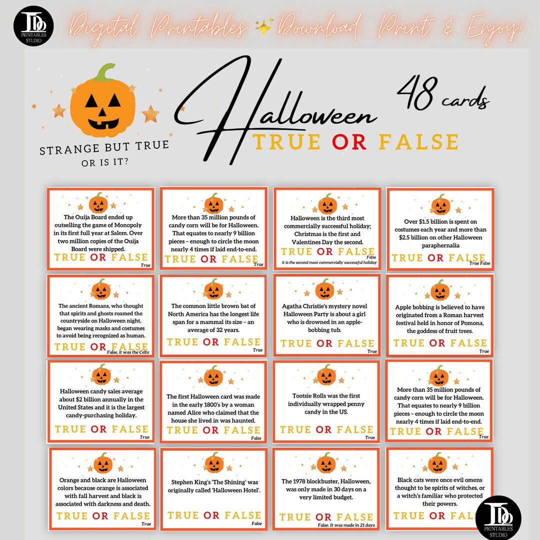Halloween Trivia True or False Question Cards Family Games Etsy UK
