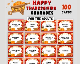 100 Thanksgiving Charades Cards for the Adults | Thanksgiving Dinner Game | Printable Activity | Fun Thanksgiving Party Games Night!