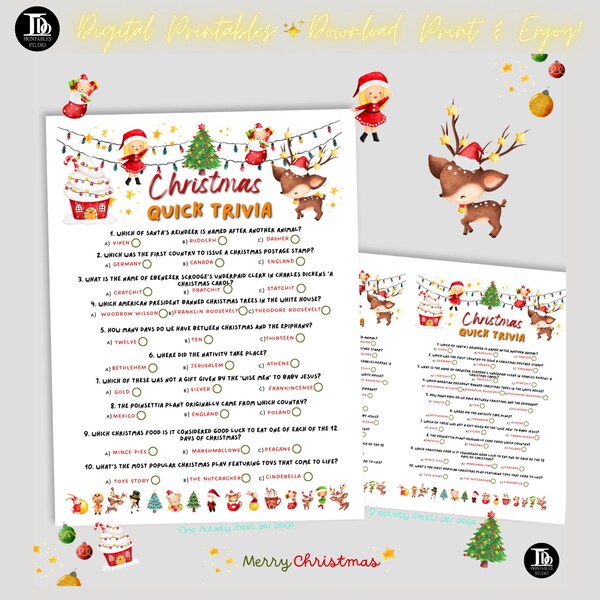 Christmas Trivia Activity sheet | Christmas Party Icebreaker | Multiple Choice Questions | Fun Family Friendly Printable Holiday Quiz!