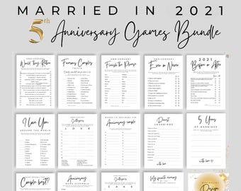 Paquete de juegos para el quinto aniversario de bodas Casado en 2021 / Fiesta de aniversario / Diseño minimalista ¡Descarga instantánea 14 divertidos juegos imprimibles para fiestas!