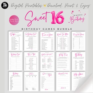 Sweet 16 Games Bundle Printable | Sweet 16 Birthday Party Ideas | Sweet 16 Birthday Quiz | Teen Girl Minimalist Pink Birthday Games For Her