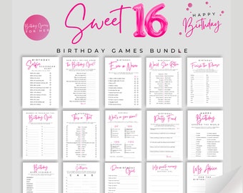 May include: A printable set of 12 pink and white birthday games for a Sweet 16 party. The games include "Birthday Selfie Scavenger Hunt", "How Well Do You Know The Birthday Girl?", "Ever or Never", "Would She Rather", "Finish The Phrase", "Words to Describe The Birthday Girl", "This or That", "What's on Your Phone?", "Party Food", "Happy Birthday Around The World", "Birthday Word Scramble", "Birthday Cake", "Dear Birthday Girl", "Why I Love The Birthday Girl", and "My Advice For The Birthday Girl".