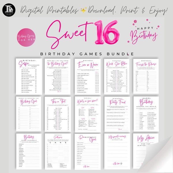 Sweet 16 Games Bundle Printable | Sweet 16 Birthday Party Ideas | Sweet 16 Birthday Quiz | Teen Girl Minimalist Pink Birthday Games For Her