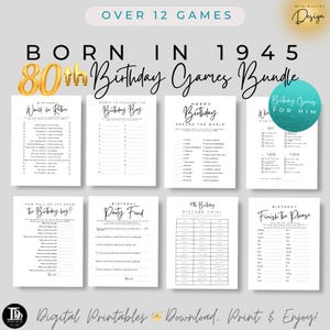 Paquete de juegos de cumpleaños para nacidos en 1945 / Paquete de juegos para fiesta de cumpleaños número 80 para él / Juegos de cumpleaños imprimibles / Regalo de fiesta de cumpleaños número 80 para él