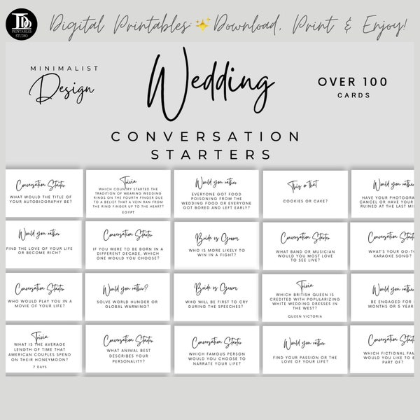 Minimalist Wedding Conversation Starter Cards for Guests | Printable Wedding Table Icebreakers | Wedding Trivia| Fun Wedding Reception Games