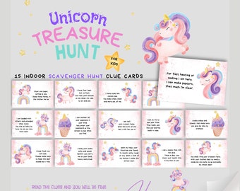May include: A printable unicorn treasure hunt game for kids with 15 clue cards featuring a unicorn illustration. The cards have a pink, purple, and blue color scheme with rainbows and stars. The text on the cards reads "Read the clues and you will be fine. Just think of all the treasure, there is to find. Happy Hunting!"
