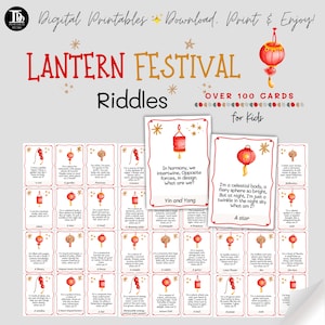 Acertijos del Festival de los Faroles para la Reunión de Niños / Acertijos imprimibles del Año Nuevo Chino Trivia divertidos Rompehielos para niños / Más de 100 tarjetas de Linternas