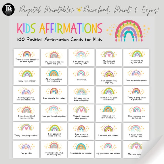 Kids Positive Affirmation Daily Cards | 100 Printable Rainbow Cards | Kid's Journaling | Gift for Kids | Positive Behaviour Good Habit Cards