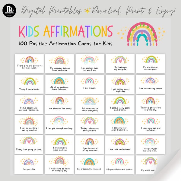 Positive Affirmation Tageskarten für Kinder | 100 druckbare Regenbogen Karten | Kinderbuch | Geschenk für Kinder | Positive Behavior Good Habit Karten