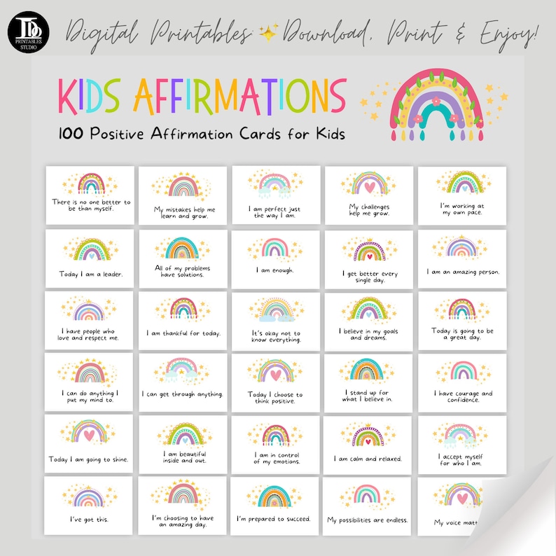 May include: A set of 100 printable affirmation cards for kids. The cards feature colorful rainbows and stars with positive affirmations such as "I am enough" and "I am an amazing person".