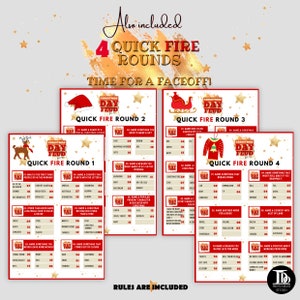 May include: Four printable Christmas Day Feud game cards with red and gold accents. Each card features a different round of the game with questions about Christmas traditions and trivia. The cards are titled "Quick Fire Round 1", "Quick Fire Round 2", "Quick Fire Round 3", and "Quick Fire Round 4".