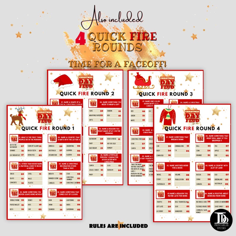 May include: Four printable Christmas Day Feud game cards with red and gold accents. Each card features a different round of the game with questions about Christmas traditions and trivia. The cards are titled "Quick Fire Round 1", "Quick Fire Round 2", "Quick Fire Round 3", and "Quick Fire Round 4".
