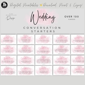 Hochzeitsempfang Gespräch Starterkarten | Rosa Aquarell Design | Druckbare Hochzeitstafel Eisbrecher | Hochzeit Quiz Empfang Spiele