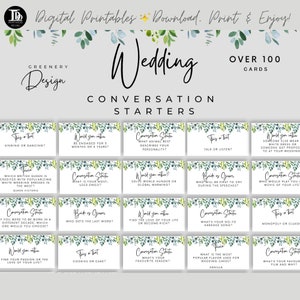 Cartes de questions de conversation de réception de mariage | Conception botanique de verdure | Brise-glace de mariage | Amusant jeu de table de mariage imprimable !