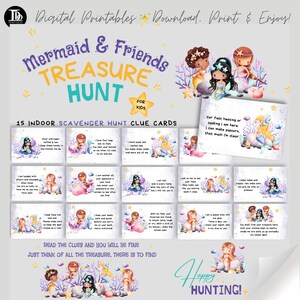 Chasse au trésor des sirènes pour enfants | Cartes imprimables d'indice de chasse de cadeau de fête d'anniversaire de fille | Soirée pyjama sirène avec des amis | Jeu d'intérieur amusant !
