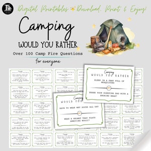 Peut inclure: Un jeu de 24 cartes de camping sur le thème « Plutôt que » de couleur verte et blanche. Les cartes présentent une variété de questions amusantes et farfelues à poser autour d'un feu de camp. Les cartes sont imprimées sur un fond aquarelle avec une illustration de tente de camping.