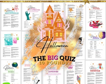 Op de afbeelding: Een printbare Halloween-quiz met 10 rondes vragen. De quiz is ontworpen om eruit te zien als een spookhuis met een gouden en roze achtergrond. De tekst "Halloween The Big Quiz 10 Rounds" is geschreven in een vet, wit lettertype.