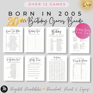 Paquete de juegos para la fiesta del 20.° cumpleaños / Nacidos en 2005 / Juegos de cumpleaños imprimibles / Trivia y juegos de 2005 / Paquete de fiesta del 20.° cumpleaños Descarga instantánea