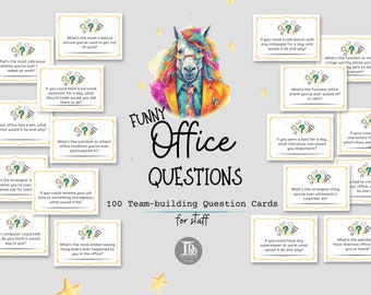 May include: A set of 100 colorful question cards with a unicorn illustration. The cards are designed to help break the ice, foster conversation, and build connections among colleagues. The text on the cards reads "Funny Office Questions 100 Team-building Question Cards for Staff".