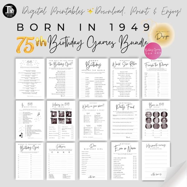 Born in 1949 75th Birthday Party Games Bundle for Her Printables | Minimalist Design | Birthday Party Trivia | Fun Instant Download!