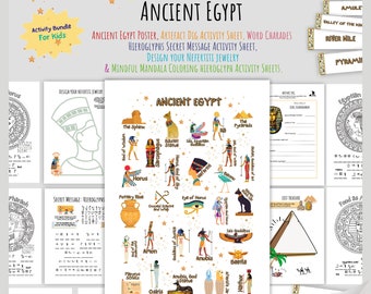 Mega Ancient Egypt Activity Pack for Kids | Activity Worksheets | Ancient Egypt Charades| Hieroglyphs Secret Message Facts| Learning Fun!