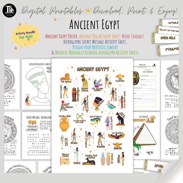 Mega Ancient Egypt Activity Pack for Kids | Activity Worksheets | Ancient Egypt Charades| Hieroglyphs Secret Message Facts| Learning Fun!